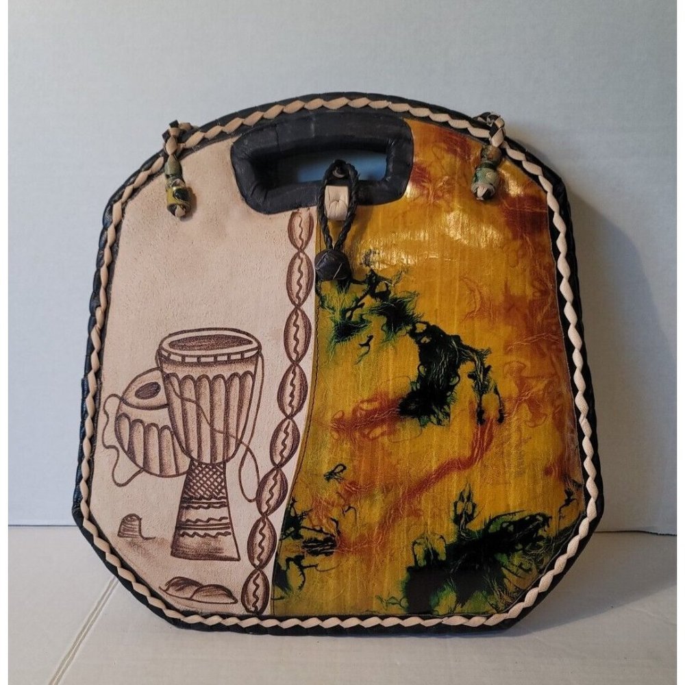 African Motif Painted Leather Handbag Purse & Woven Raffini Palm Brown Tan Gold